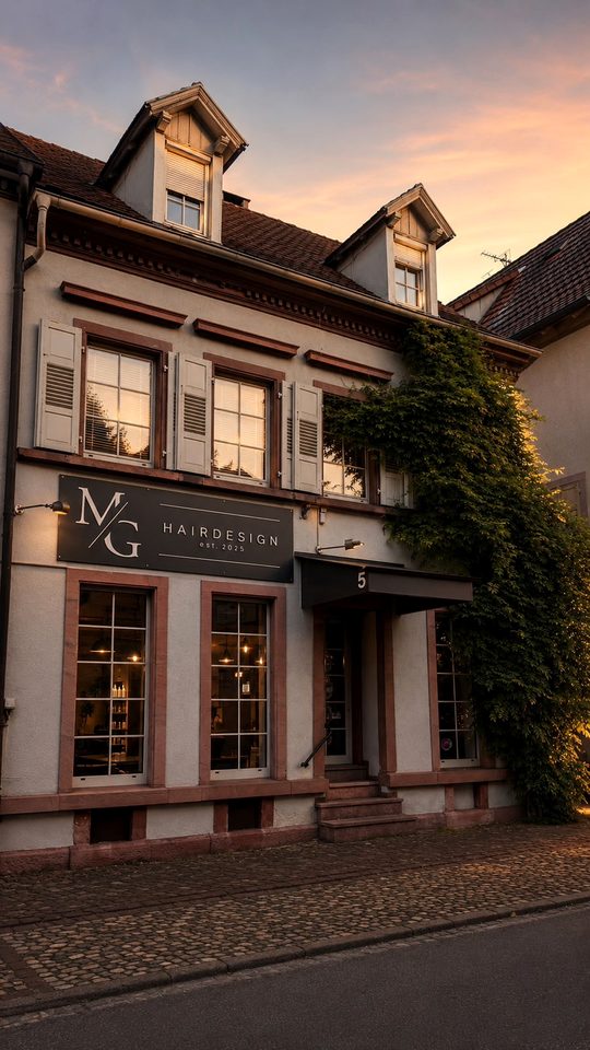 MG Hairdesign — Salonfassade in Endingen am Kaiserstuhl bei Abendlicht